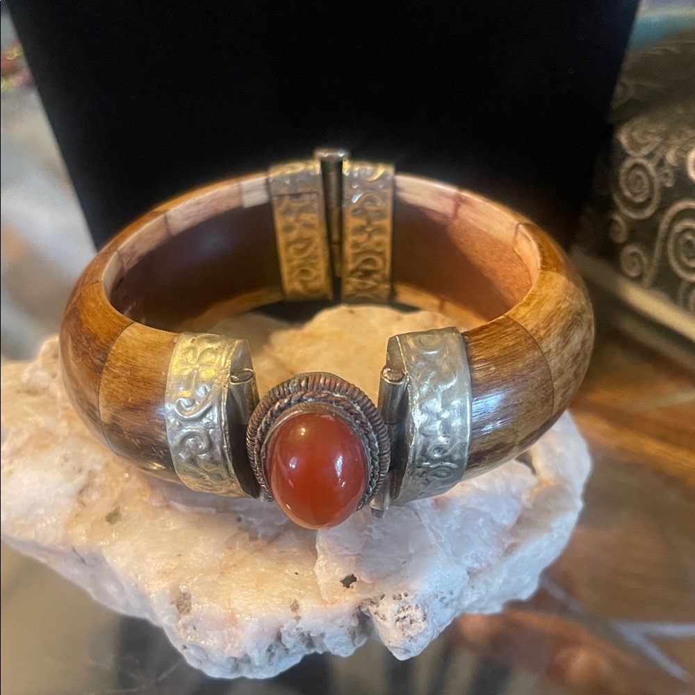 Wood Gemstone Bangle Bracelet